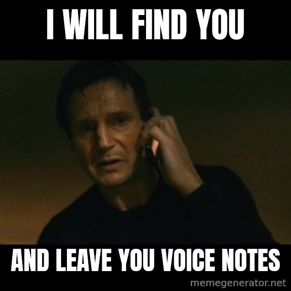 liam neeson taken meme: I will find you / and leave you voice notes