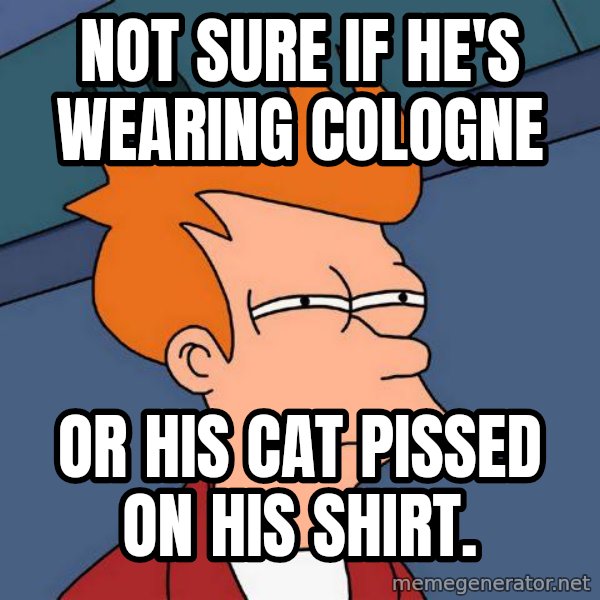 Futurama Fry meme: not sure if he's wearing cologne / or his cat pissed on his shirt.