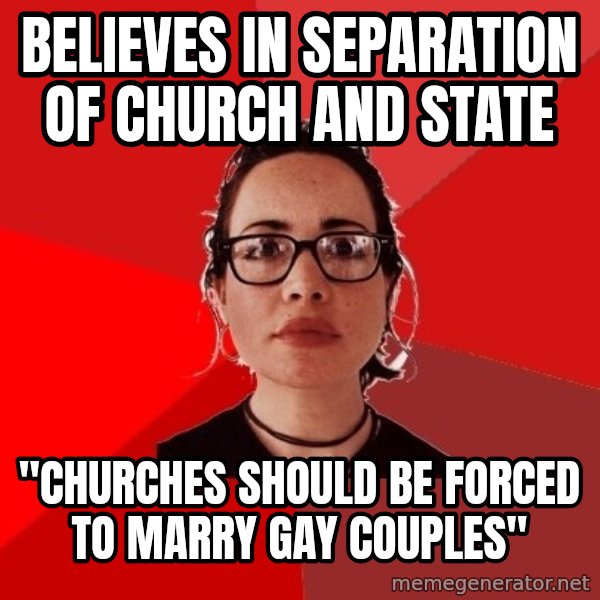 Liberal Douche Garofalo meme: Believes in separation of Church and State / "Churches should be forced to marry gay couples"