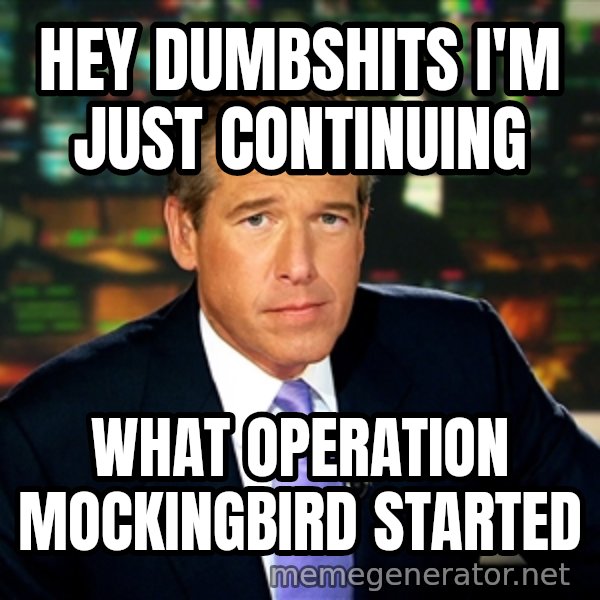 Brian WIlliams NBC News meme: hey dumbshits i'm just continuing / what operation mockingbird started