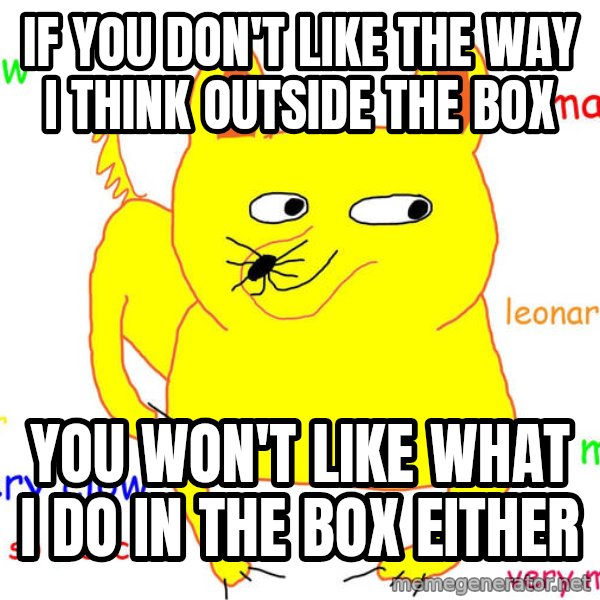 Grumpy Cat  meme: if you don't like the way I think outside the box / you won't like what I do in the box either