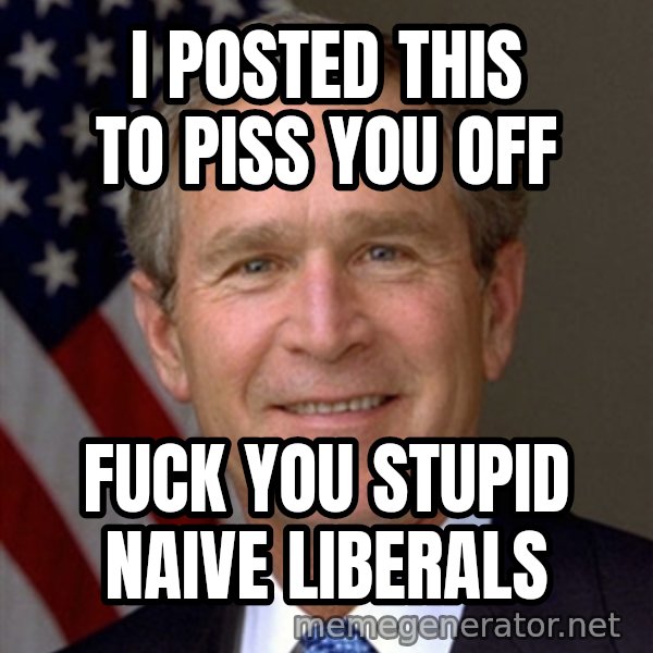George Bush meme: I posted this to piss you off / Fuck you stupid naive liberals
