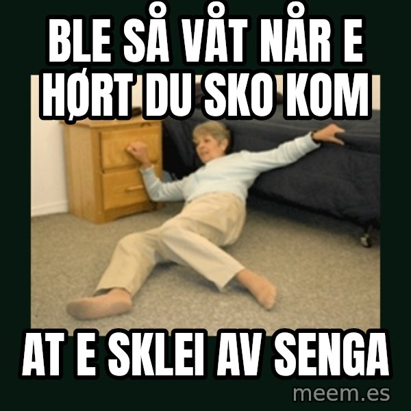 life alert lady meme: Ble så våt når e hørt du sko kom / at e sklei av senga
