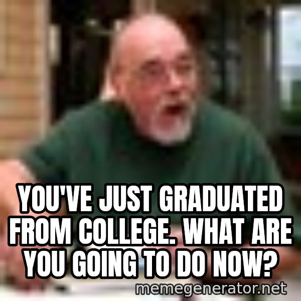 Gary Gygax meme: You've just graduated from college.  What are you going to do now?