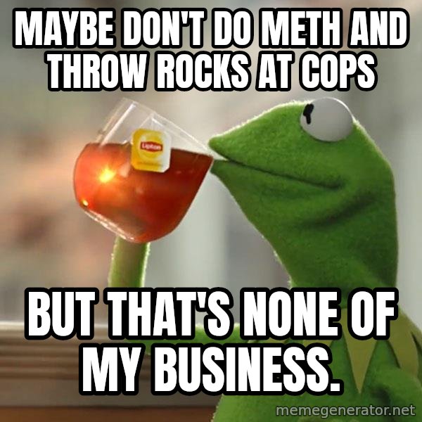 Kermit The Frog Drinking Tea meme: Maybe don't do meth and throw rocks at cops / But that's none of my business.