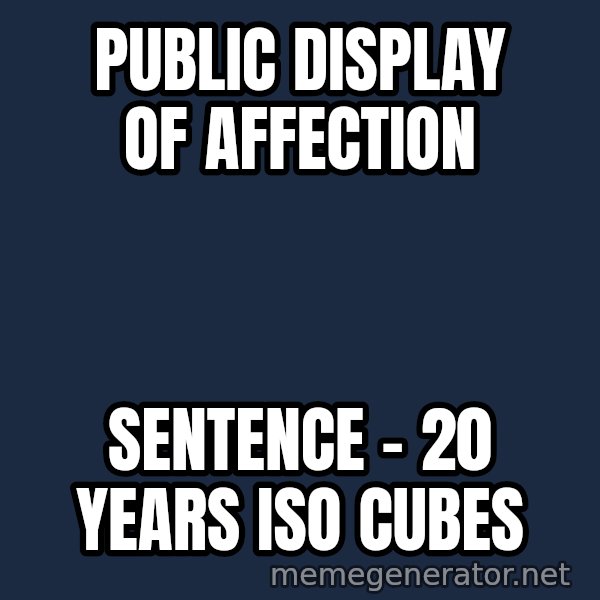 Judge Dredd Sentance meme: public display of affection / sentence - 20 years Iso cubes