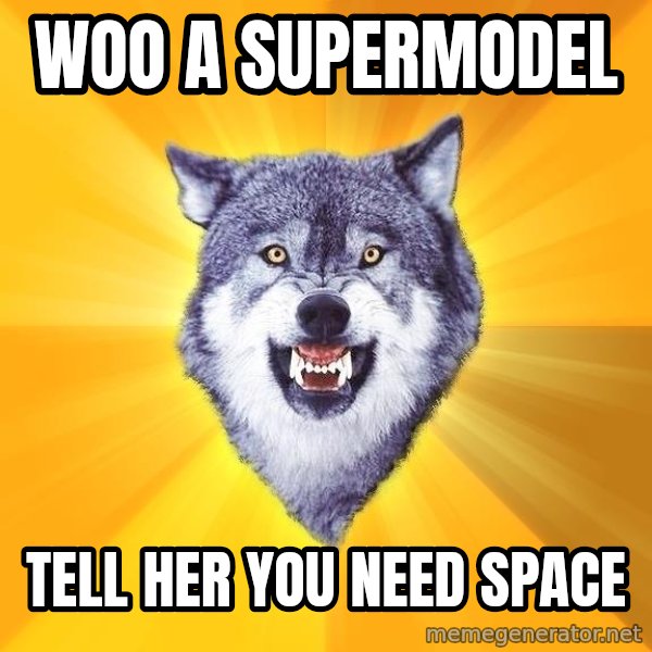Courage Wolf meme: woo a supermodel / tell her you need space