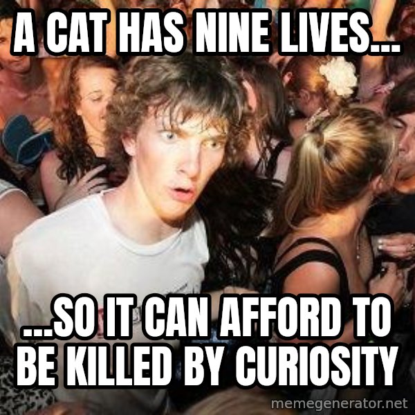 Sudden Realization Ralph meme: A cat has nine lives... / ...so it can afford to be killed by curiosity