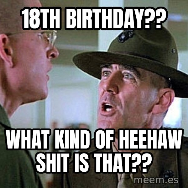Full Metal Jacket Sgt meme: 18th birthday?? / what kind of heehaw shit is that??