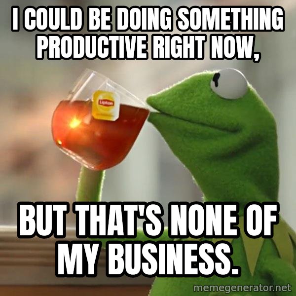 Kermit The Frog Drinking Tea meme: I could be doing something productive right now, / but that's none of my business.