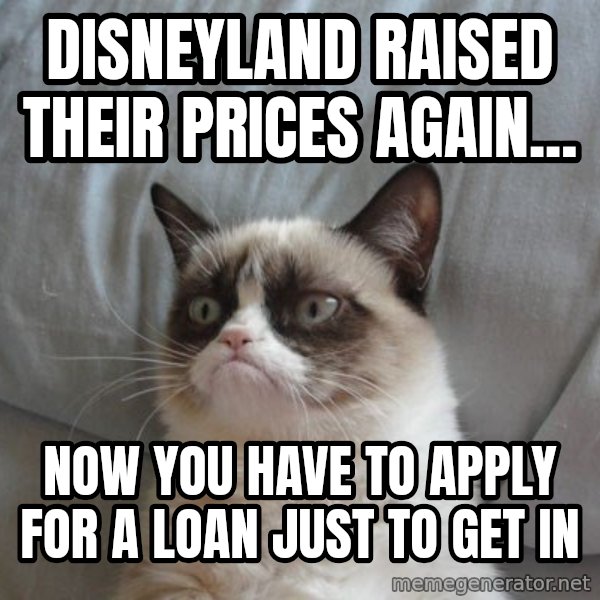 Grumpy cat good meme: Disneyland raised their prices again... / Now you have to apply for a loan just to get in