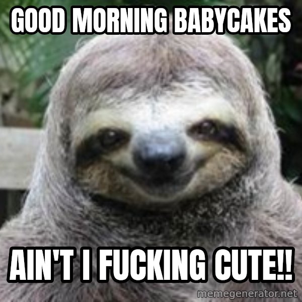 Sexual Sloth meme: Good morning babycakes / Ain't I fucking cute!!