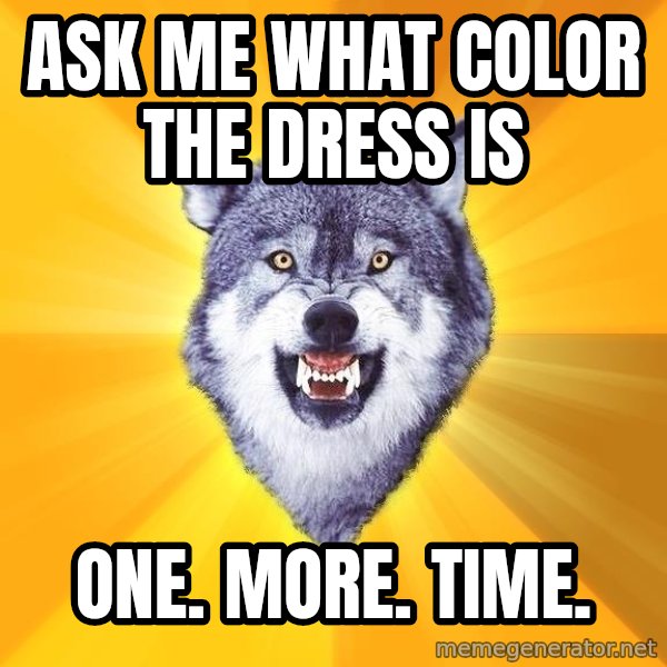 Courage Wolf meme: Ask me what color the dress is / ONE.     MORE.    TIME.