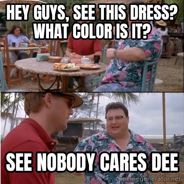 See? Nobody Cares meme: Hey Guys, See this Dress? What Color is it? / See Nobody Cares Dee
