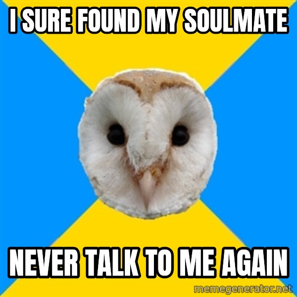 Bipolar Owl meme: i sure found my soulmate / never talk to me again