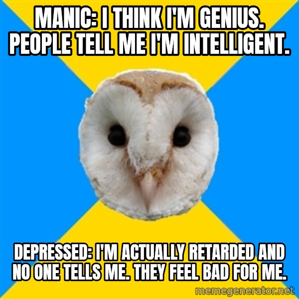 Bipolar Owl meme: manic: i think i'm genius. people tell me i'm intelligent. / depressed: i'm actually retarded and no one tells me. they feel bad for me.