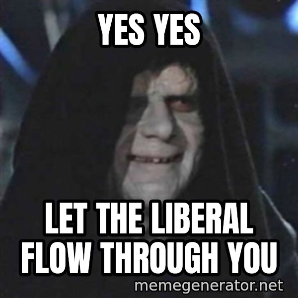 Sith Lord meme: Yes Yes / Let the Liberal flow through you