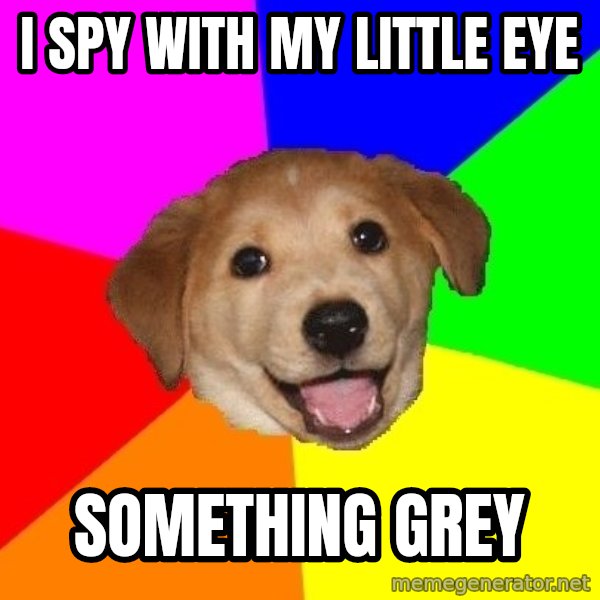 Advice Dog meme: I spy with my little eye / something grey