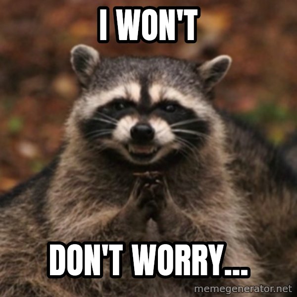 evil raccoon meme: I won't / Don't worry...