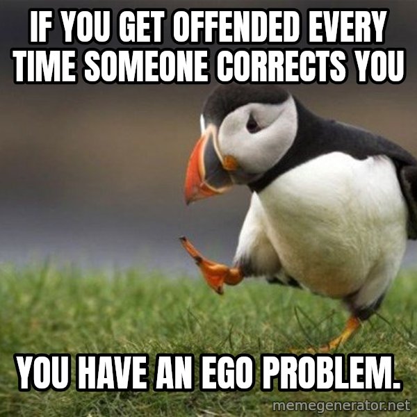 Unpopular Opinion Puffin meme: If you get offended every time someone corrects you / you have an ego problem.