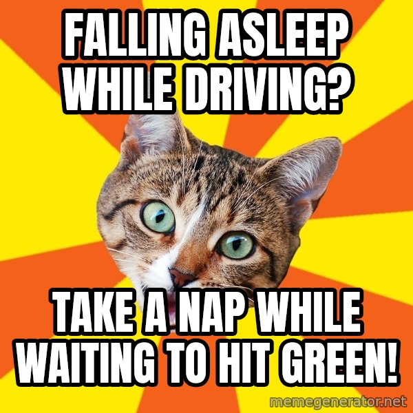 Bad Advice Cat meme: FALLING ASLEEP WHILE DRIVING? / TAKE A NAP WHILE WAITING TO HIT GREEN!