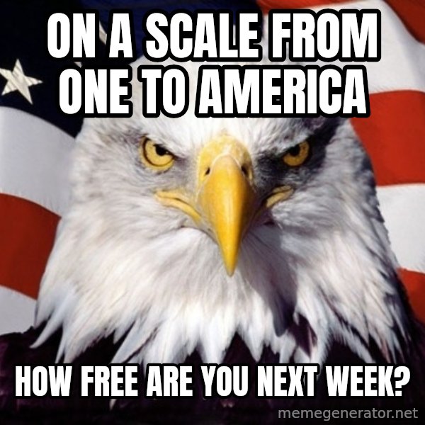 American Pride Eagle meme: On a scale from one to America / How free are you next week?