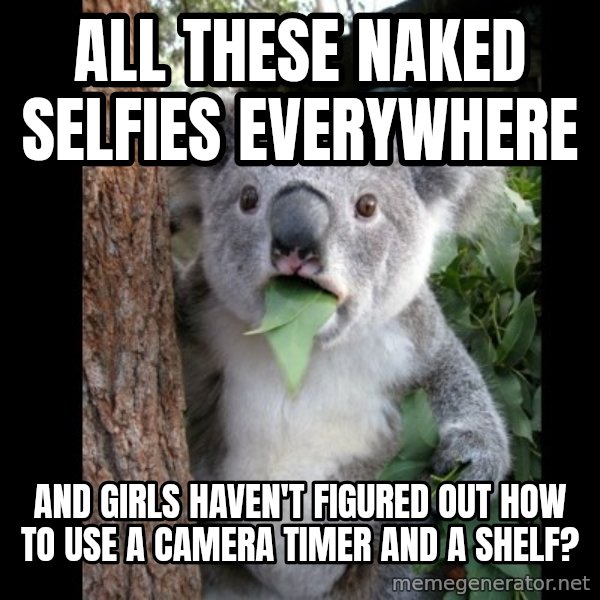 Koala can't believe it meme: all these naked selfies everywhere / and girls haven't figured out how to use a camera timer and a shelf?