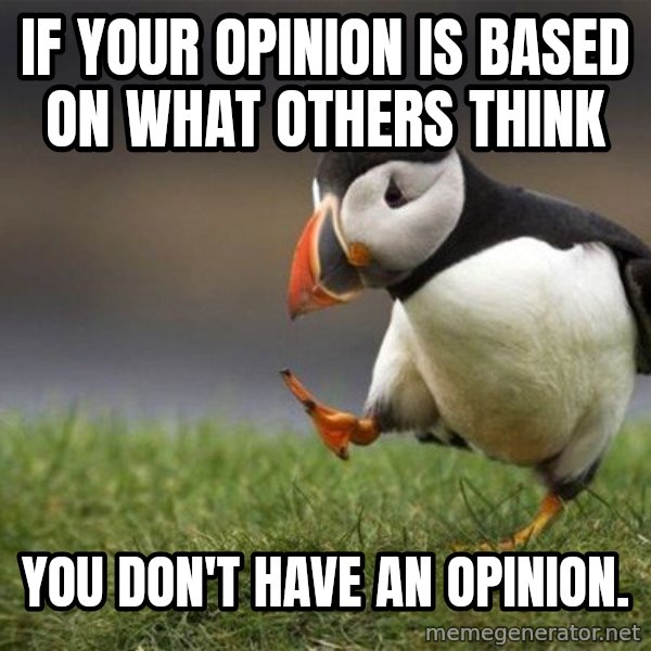Unpopular Opinion Puffin meme: If your opinion is based on what others think / you don't have an opinion.