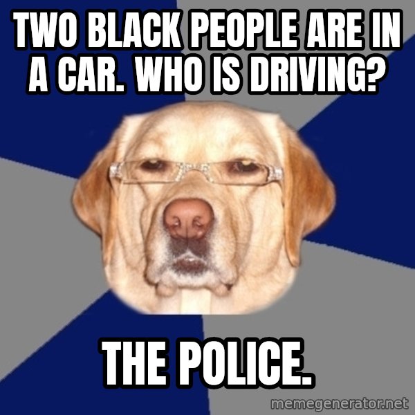 Racist Dog meme: two black people are in a car. who is driving? / the police.
