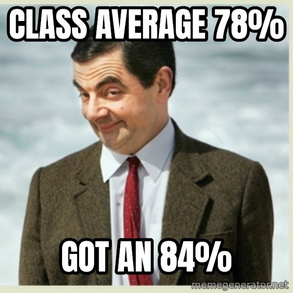 MR bean meme: Class average 78% / got an 84%