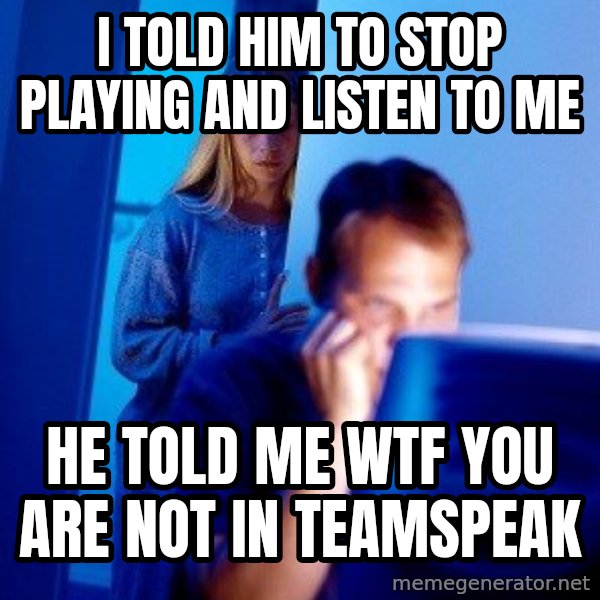 Internet Husband meme: I TOLD HIM TO STOP PLAYING AND LISTEN TO ME / HE TOLD ME WTF YOU ARE  NOT  IN TEAMSPEAK