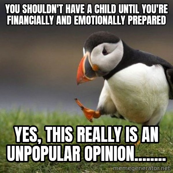 Unpopular Opinion Puffin meme: You shouldn't have a child until you're financially and emotionally prepared / Yes, this really is an unpopular opinion........