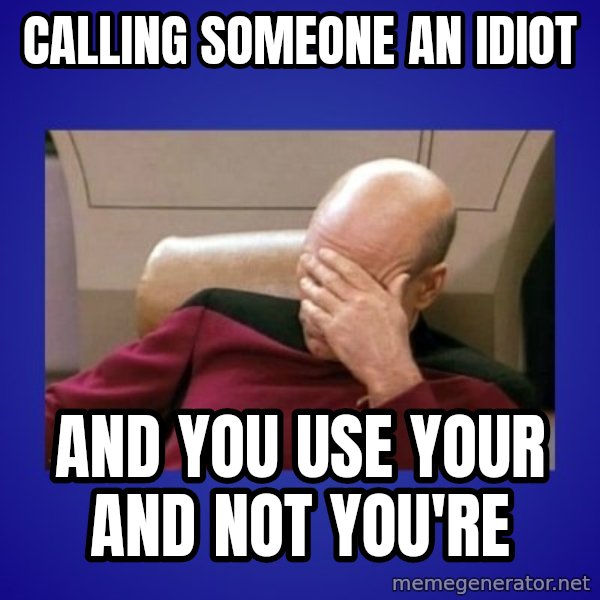 Picard facepalm  meme: Calling someone an idiot / and you use your and not  you're