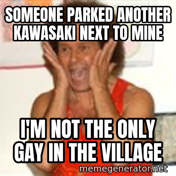Richard Simmons Screaming meme: someone parked another kawasaki next to mine / I'm not the only gay in the village