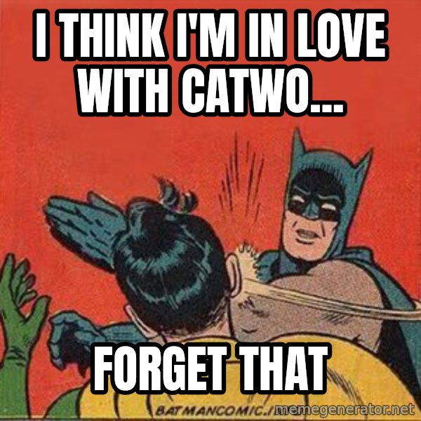 batman slap robin meme: I THINK I'm in love with catwo... / Forget that