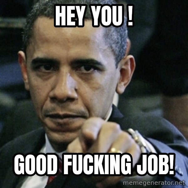Pissed off Obama meme: Hey you ! / Good Fucking Job!