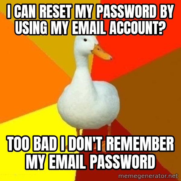 Technologically Impaired Duck meme: i can reset my password by using my email account? / too bad I don't remember my email password