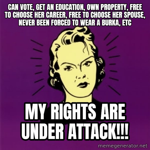 PMS woman meme: Can vote, get an education, own property, free to choose her career, free to choose her spouse, never been forced to wear a burka, etc / My rights are under attack!!!