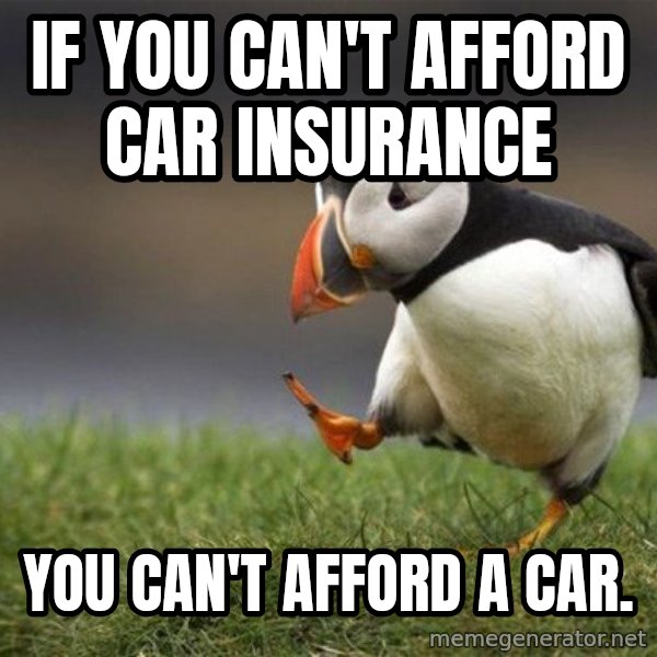 Unpopular Opinion Puffin meme: If you can't afford car insurance / you can't afford a car.