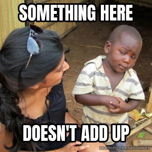 skeptical black kid meme: Something here / Doesn't add up