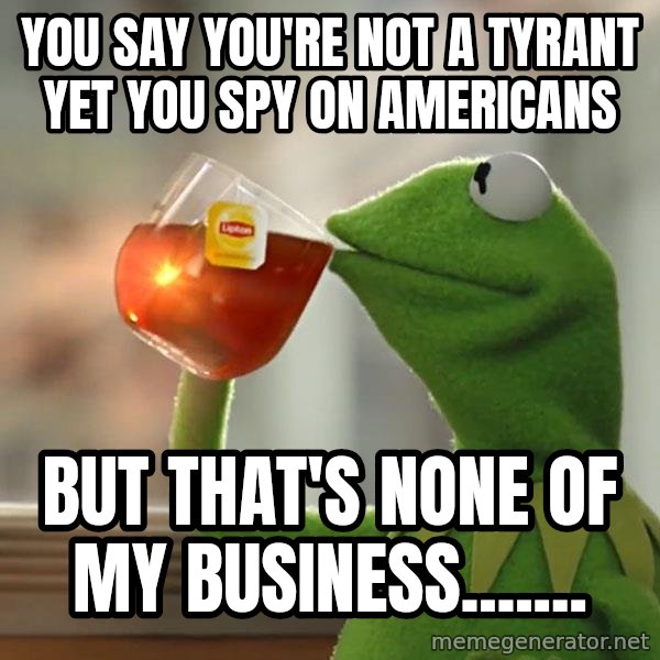 Kermit The Frog Drinking Tea meme: You say you're not a tyrant yet you spy on Americans / But that's none of my business.......