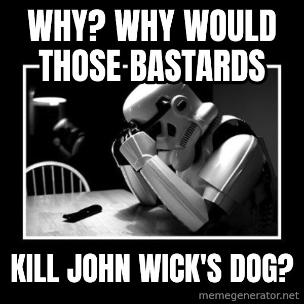 Sad Trooper meme: Why? Why would those bastards / Kill John wick's Dog?