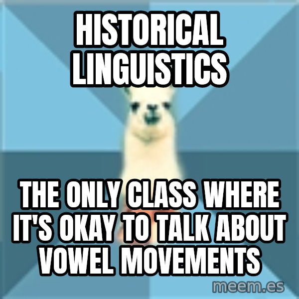 Linguistics Llama meme: Historical Linguistics / The only class where it's okay to talk about vowel movements