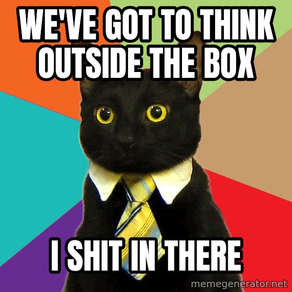 Business Cat meme: We've got to think outside the box / I shit in there