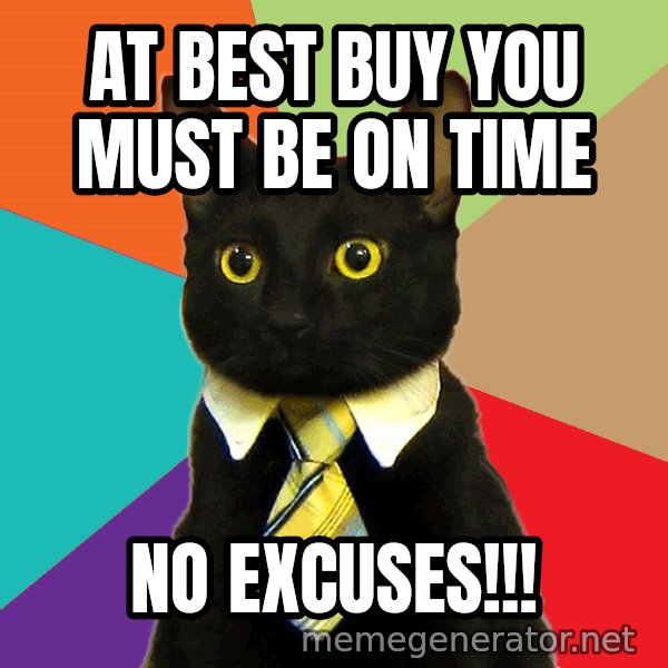Business Cat meme: At Best Buy you must be on time / NO EXCUSES!!!