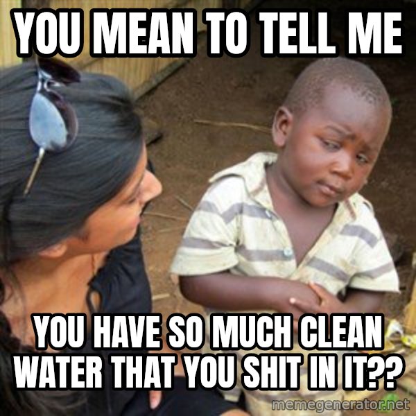 Skeptical 3rd World Kid meme: You mean to tell me / You have so much clean water that you shit in it??