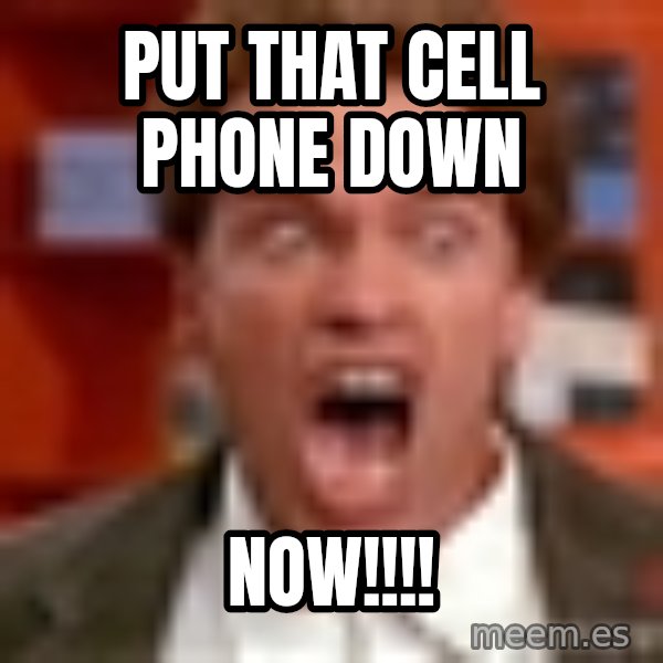Arnold Schwarzenegger Yelling meme: Put that cell phone down / NOW!!!!