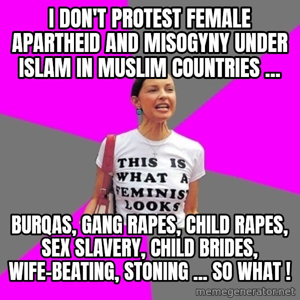 Feminist Cunt meme: I DON'T PROTEST FEMALE APARTHEID AND MISOGYNY UNDER ISLAM IN MUSLIM COUNTRIES ... / BURQAS, GANG RAPES, CHILD RAPES, SEX SLAVERY, CHILD BRIDES, WIFE-BEATING, STONING ... SO WHAT !