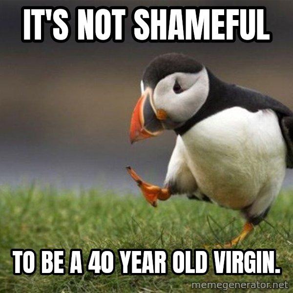Unpopular Opinion Puffin meme: it's not shameful / to be a 40 year old virgin.
