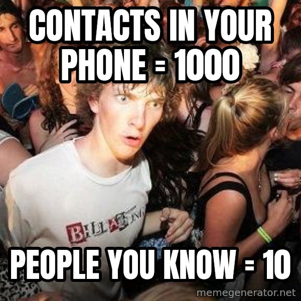 Sudden Realization Ralph meme: contacts in your phone = 1000 / people you know = 10